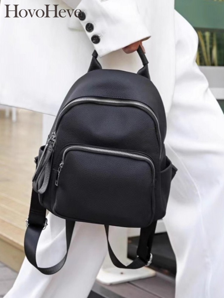 Women Bags Zip - Solid Color Cowskin Genuine Leather Backpack