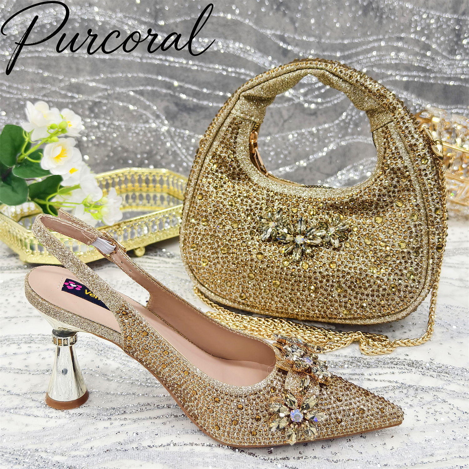 Women'S Evening Bags - Purcoral Sparkly Gold Rhinestone Slingback Heels