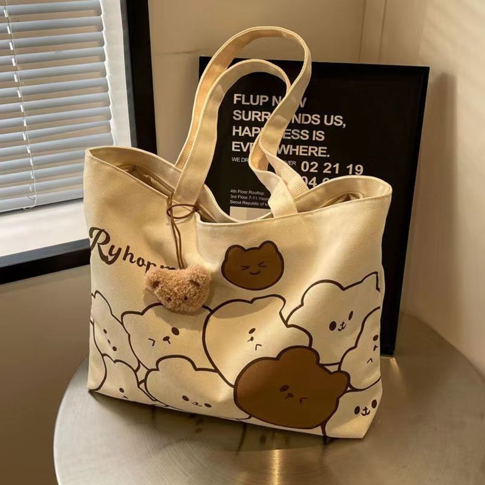 Shopper Tote Canvas - Cartoon Bear Canvas Shoulder Bag Handbag