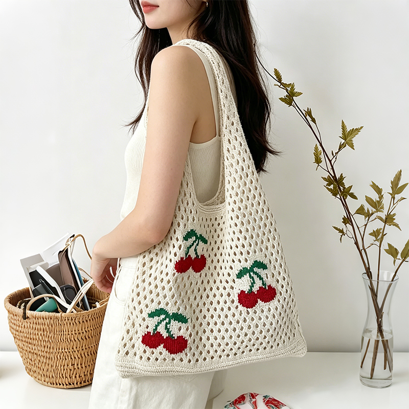 Crochet Market Bag - Women Stylish Turtle Cherry Pattern Crochet