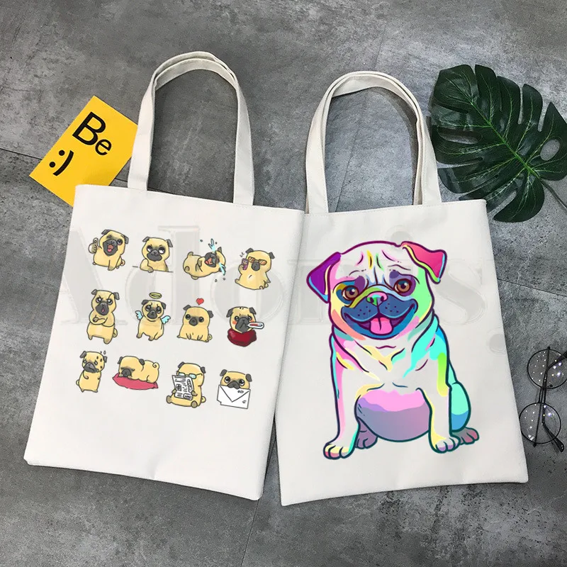 Dog Pet Pug Life Cartoon Print - Shopper Tote Canvas บทวิจารณ์และราคา