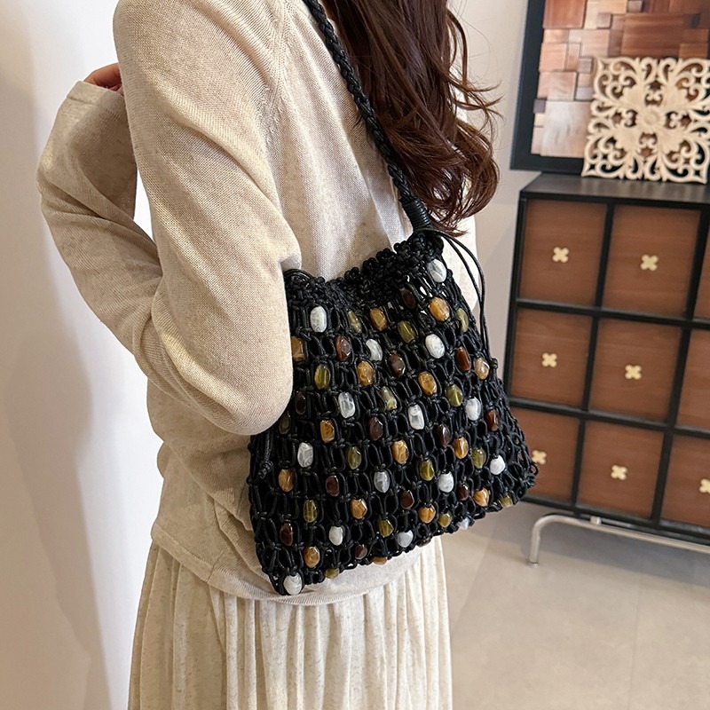 Summer Hollow Out Woven Beaded - Crochet Market Bag บทวิจารณ์และราคา
