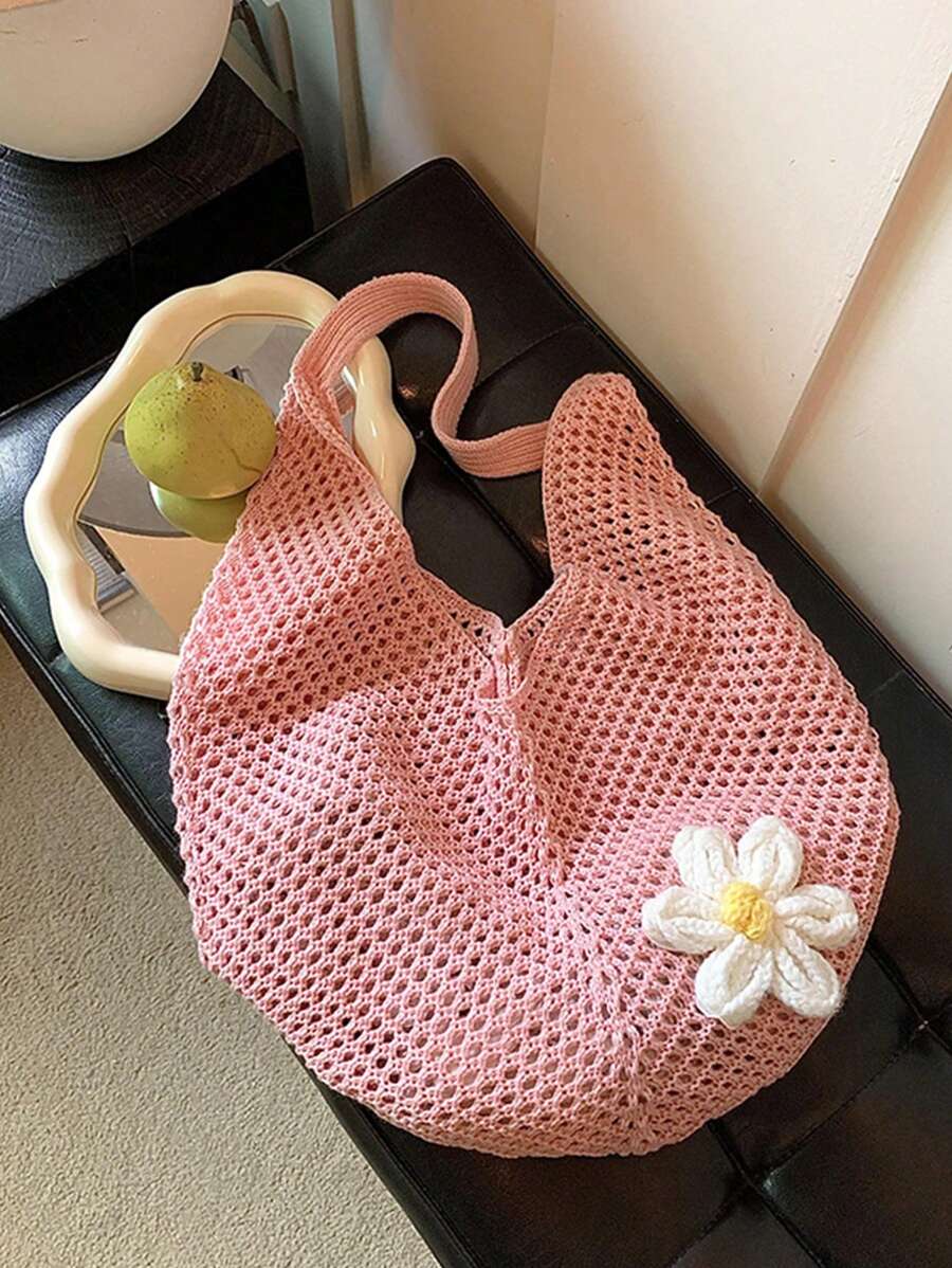 Pink Crochet Hollow Out Tote B - Hobo Bag Slouchy บทวิจารณ์และราคา