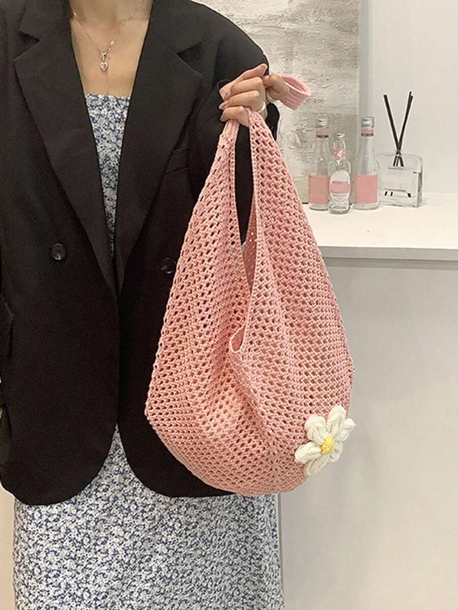 Pink Crochet Hollow Out Tote B - Hobo Bag Slouchy บทวิจารณ์และราคา