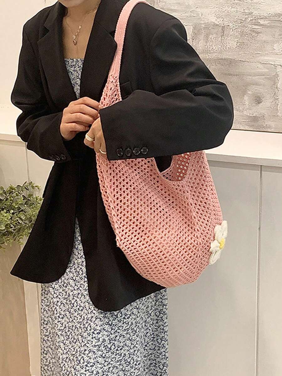 Pink Crochet Hollow Out Tote B - Hobo Bag Slouchy บทวิจารณ์และราคา