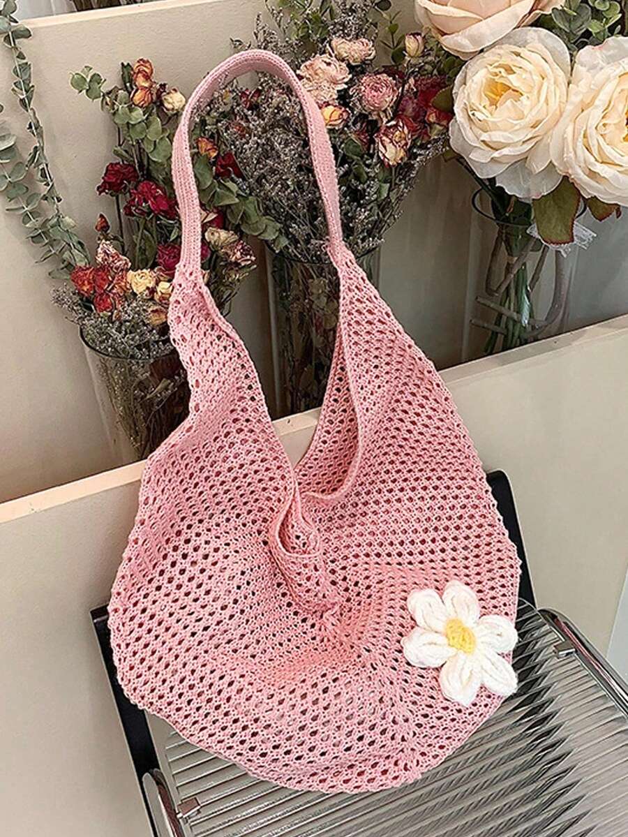 Pink Crochet Hollow Out Tote B - Hobo Bag Slouchy บทวิจารณ์และราคา