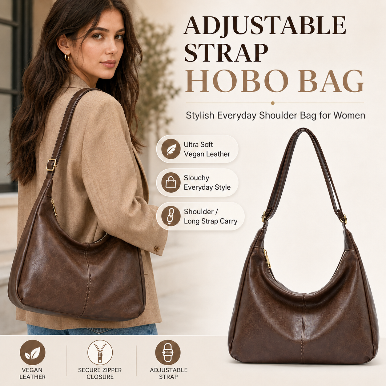 Adjustable Strap Hobo Bag for  - Hobo Bag Slouchy บทวิจารณ์และราคา