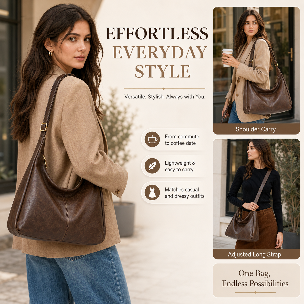 Adjustable Strap Hobo Bag for  - Hobo Bag Slouchy บทวิจารณ์และราคา