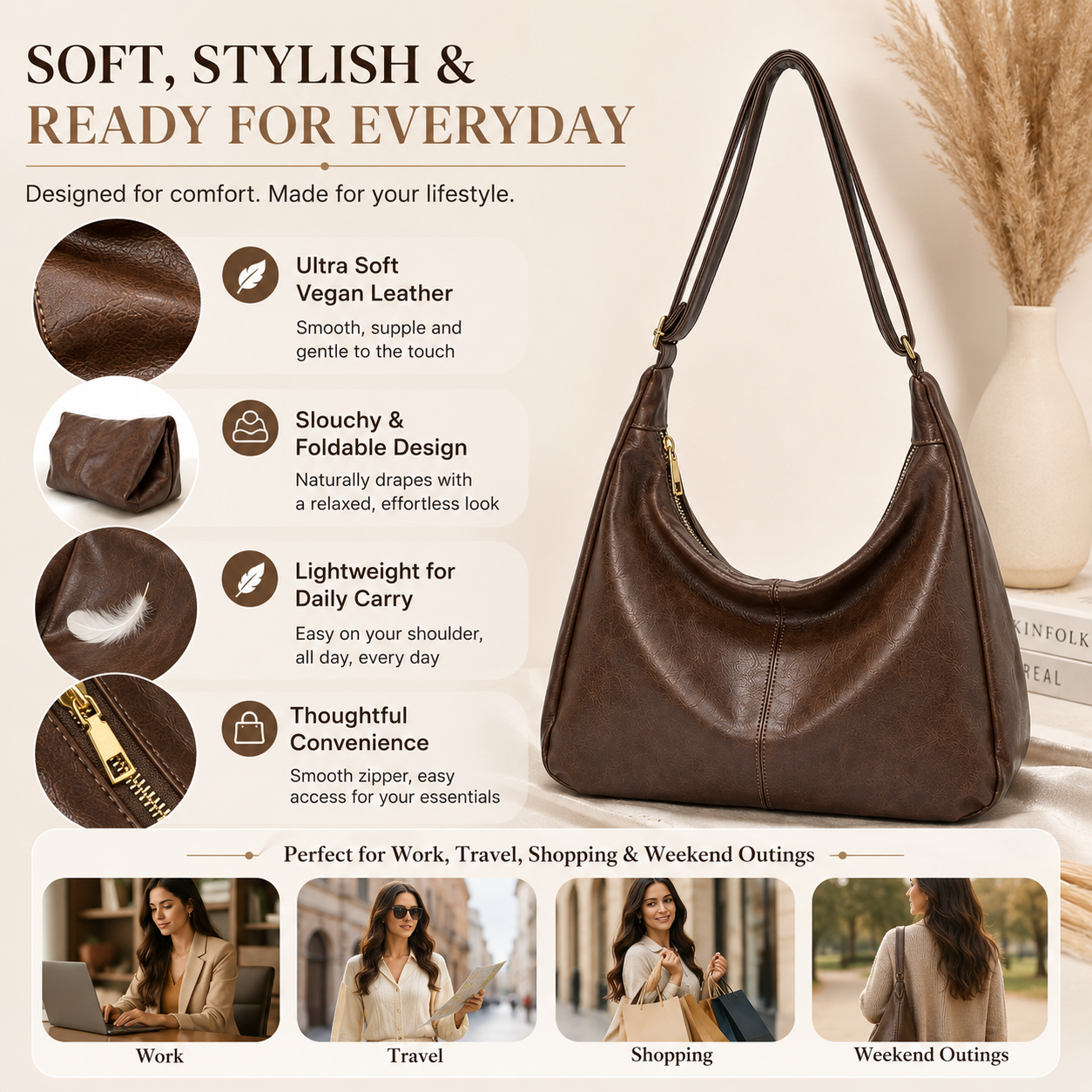 Adjustable Strap Hobo Bag for  - Hobo Bag Slouchy บทวิจารณ์และราคา