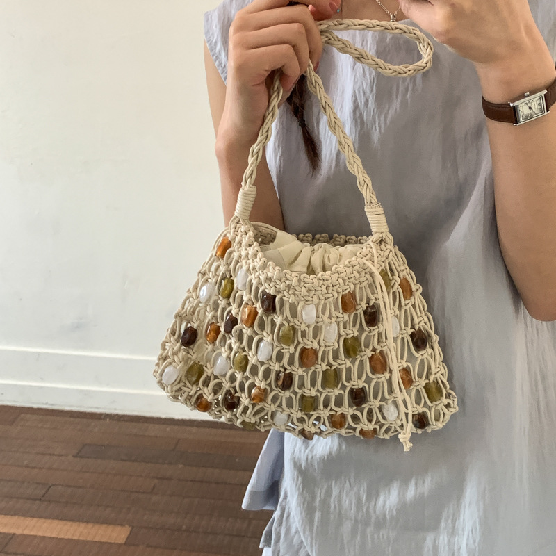 Hollow Beading Women Shoulder  - Crochet Market Bag บทวิจารณ์และราคา