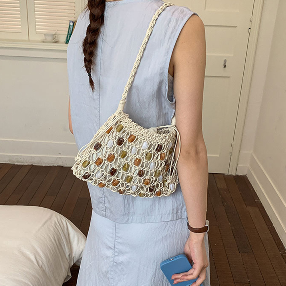 Hollow Beading Women Shoulder  - Crochet Market Bag บทวิจารณ์และราคา