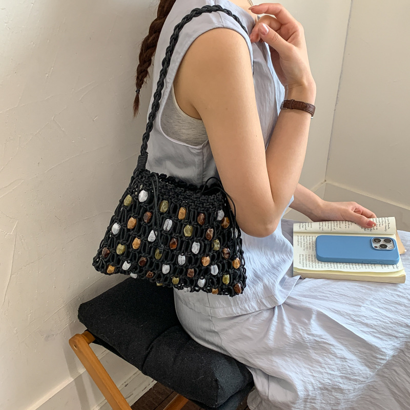 Hollow Beading Women Shoulder  - Crochet Market Bag บทวิจารณ์และราคา